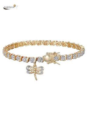 Diamond Accent Dragonfly Charm Tennis Bracelet 18K Gold Plated Bronze